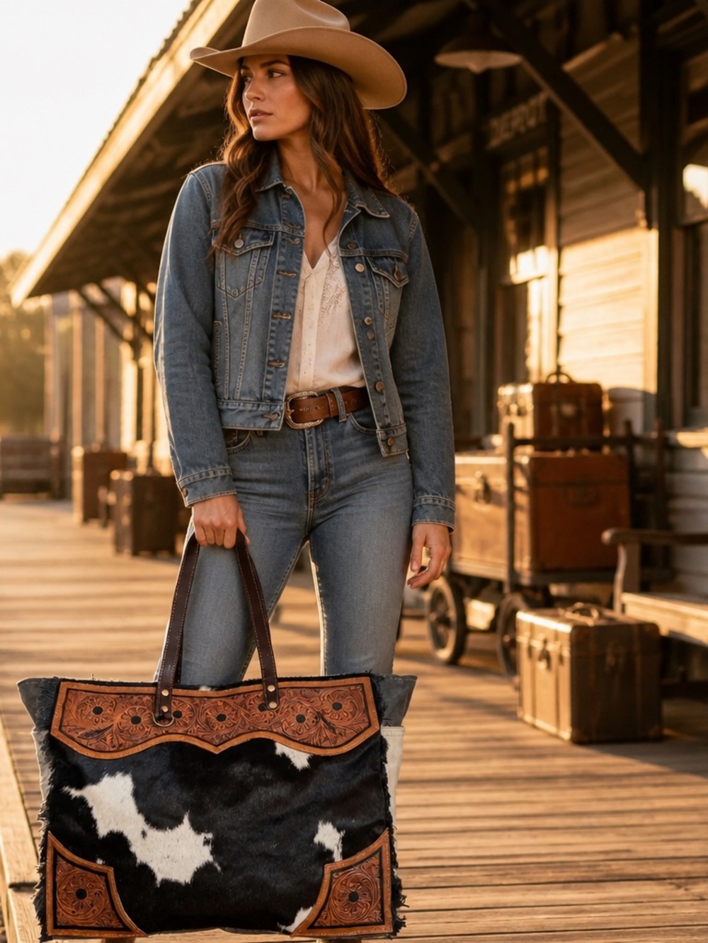 Myra Bag Cowhide Weekender Tooled Leather XL Boho Travel Duffel Western Carry On - Picture 2 of 12